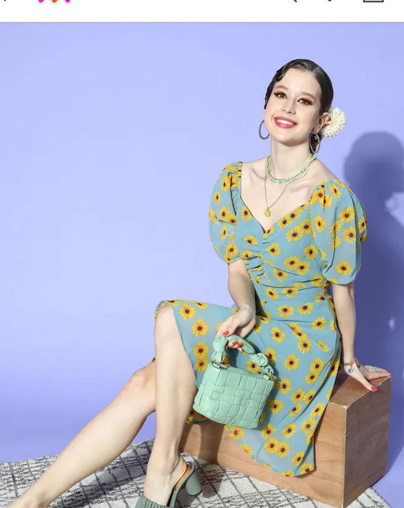 Blue Sunflower Print Dress