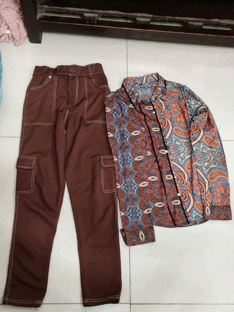 Stylish Printed Shirt &amp; Brown Cargo Pants Set