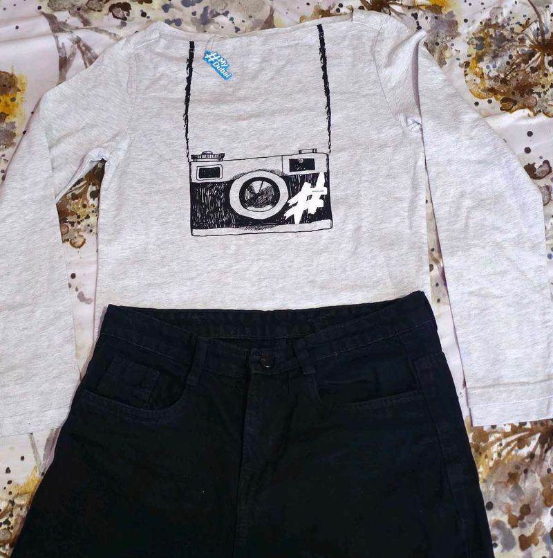 Grey Long Sleeve offshoulder top with Camera Print