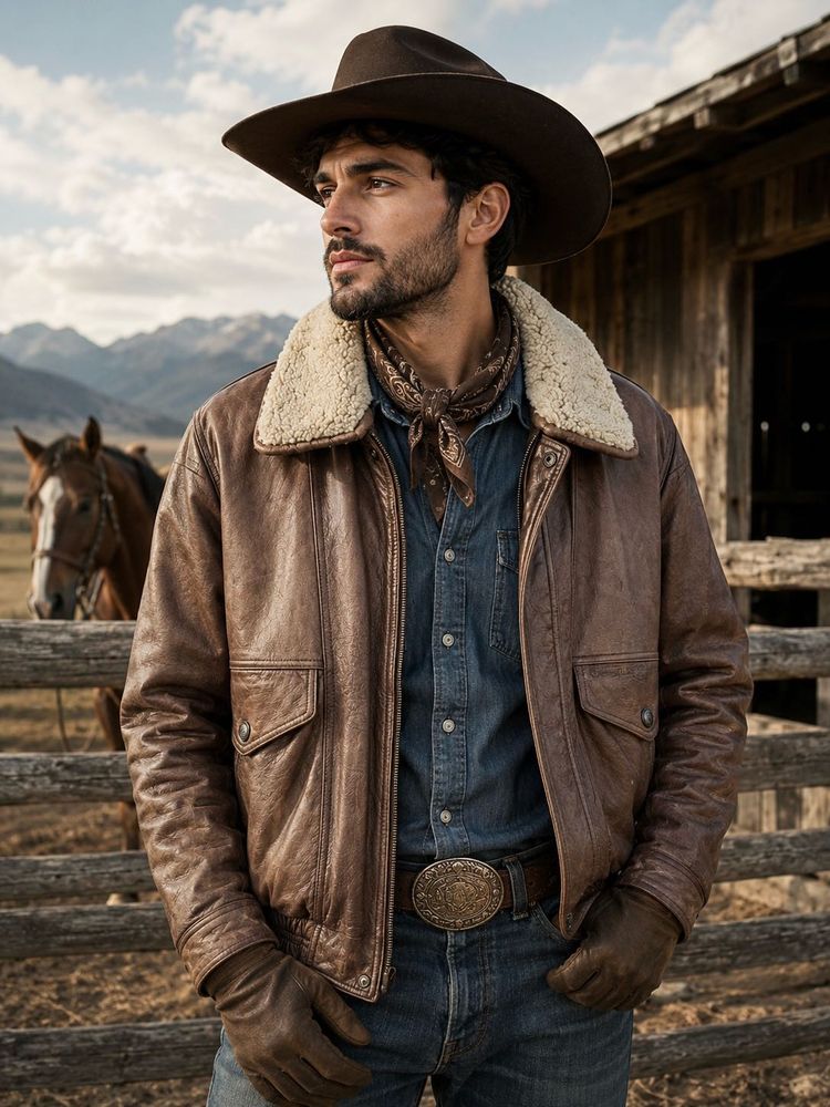 BILTMORE Men's Brown Leather Bomber Jacket