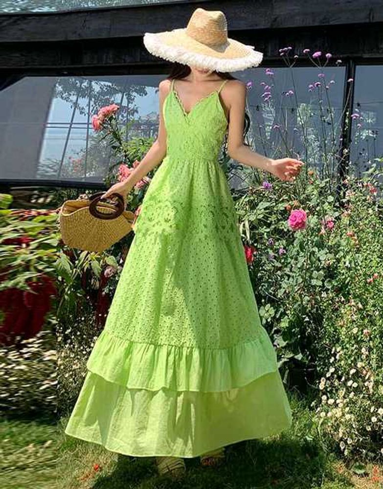 Neon Green Schiffli Lace Tiered Maxi