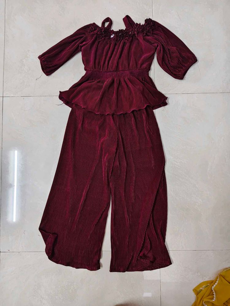 Maroon Pleated Jumpsuit with Cold Shoulder