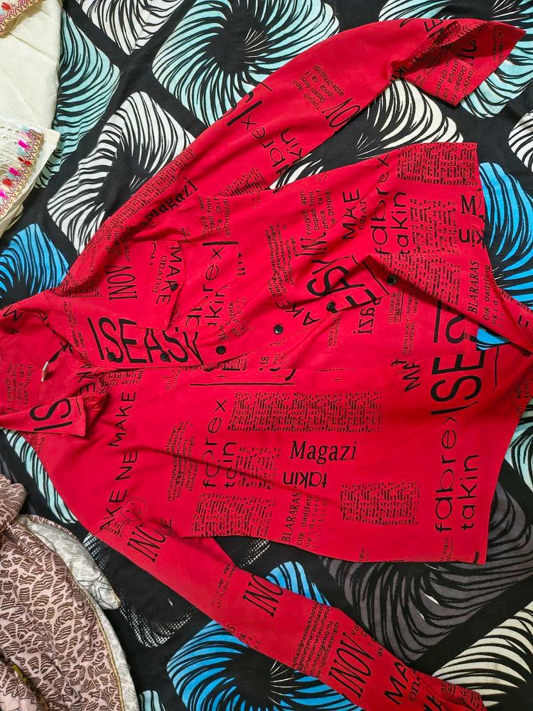 Red Graphic Print Button-Up Shirt