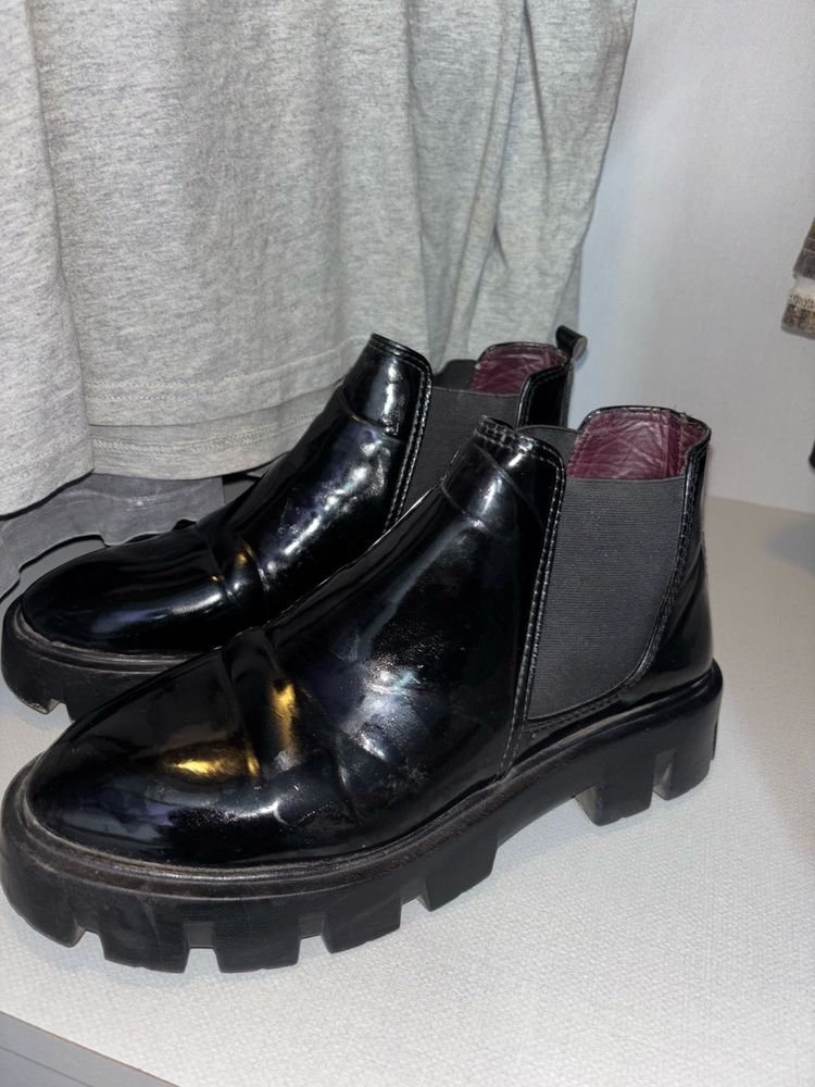 Black Patent Chunky Chelsea Boots