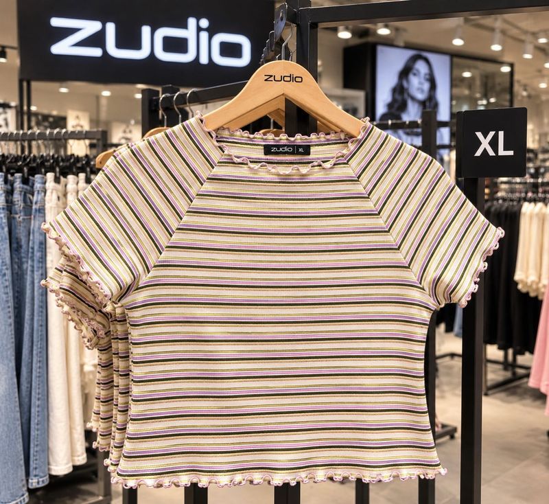 Zudio Multicolour Striped Ribbed Top with Ruffle E