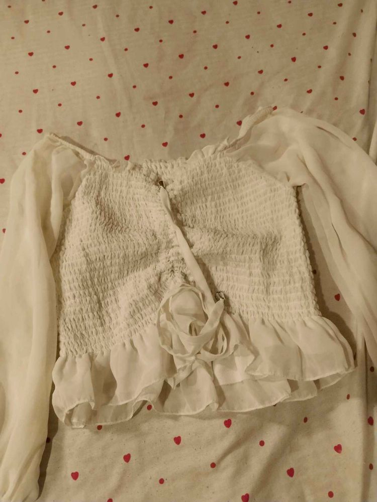 Sheer Sleeve Smocked Crop Top