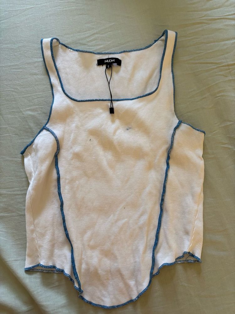 White Tank Top with Blue Trim