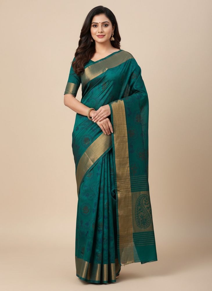 Green Full Printed Zaree Patta Saree