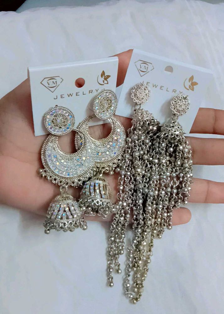 Silver Jhumka &amp; Chandelier Earrings Set