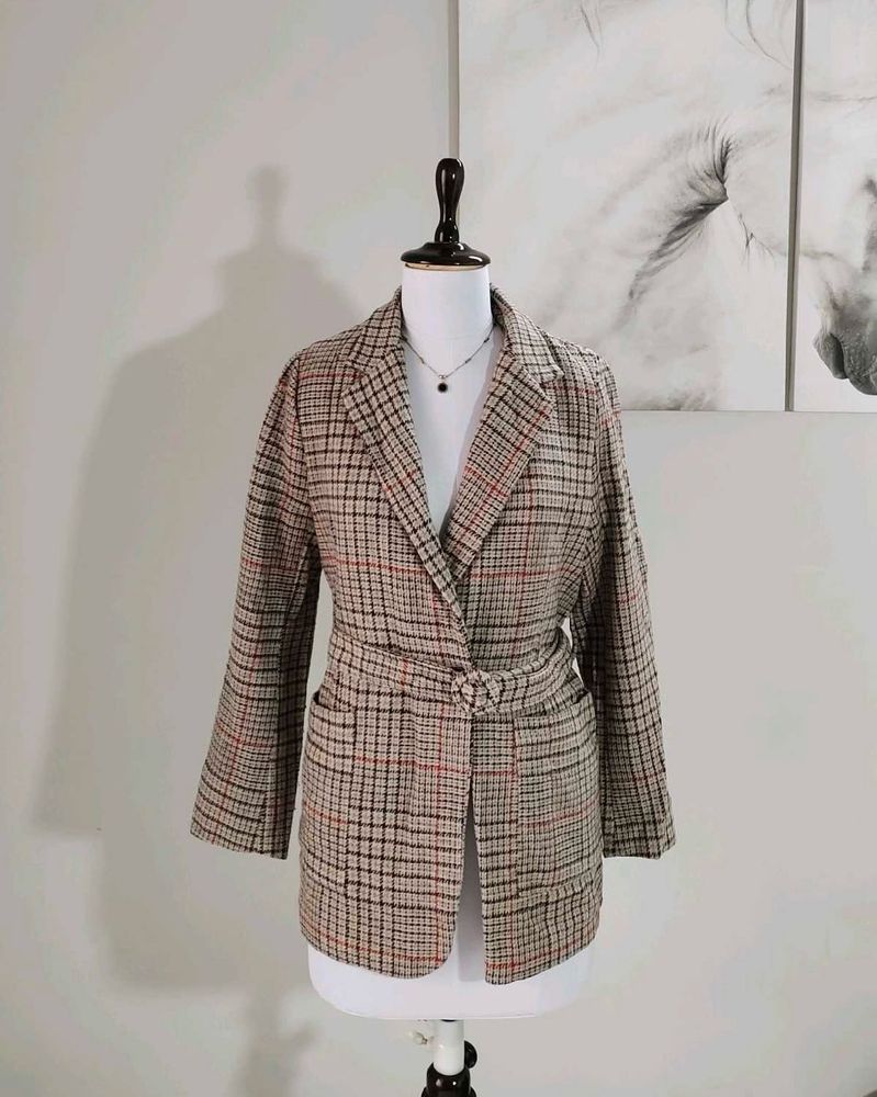 Tweed Plaid Belted Blazer