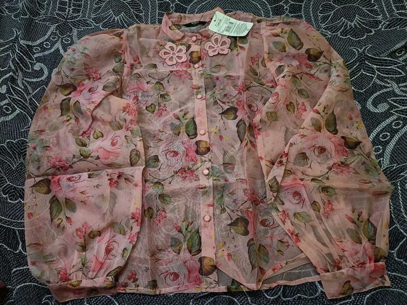 Sheer Floral Button-Up Blouse