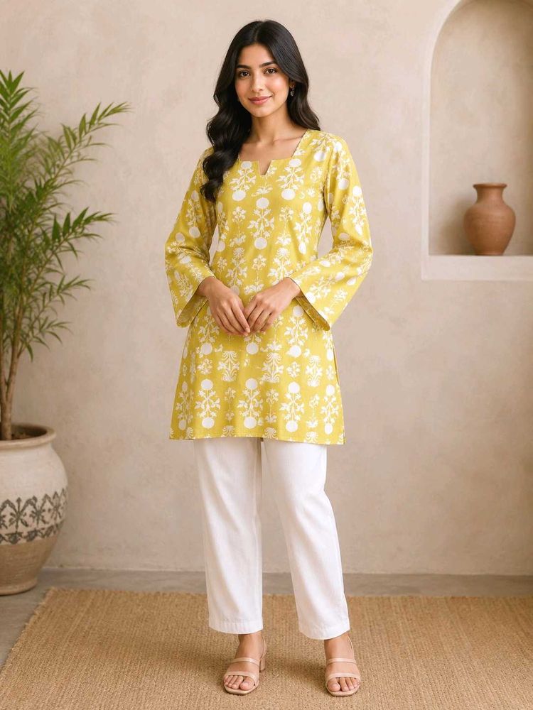 Yellow Floral Print short kurti