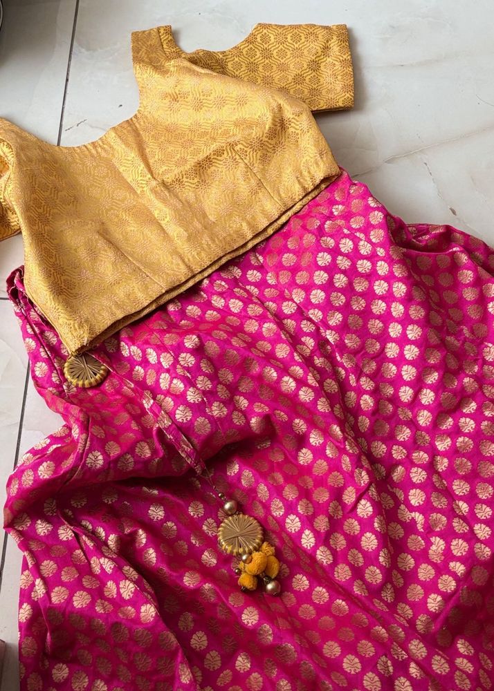 Yellow &amp; Pink Brocade Lehenga Set