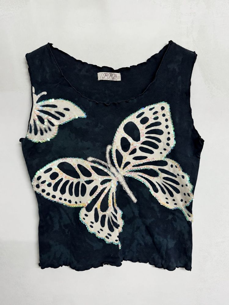Butterfly Embellished Black Tank Top