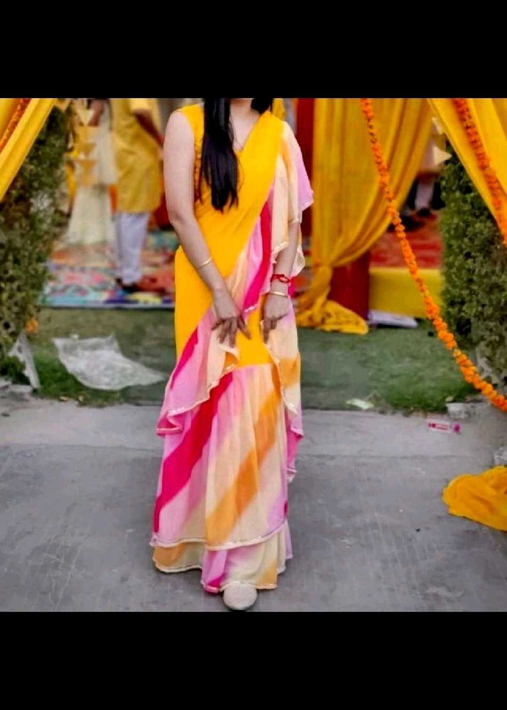 Bright Yellow &amp; Pink Ruffle Saree