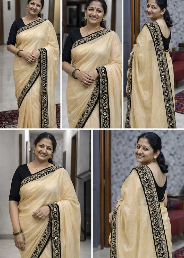 Cream Shimmer Saree with Golden n black Border