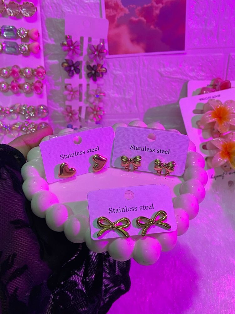 Cute Bow &amp; Heart Stainless Steel Earrings