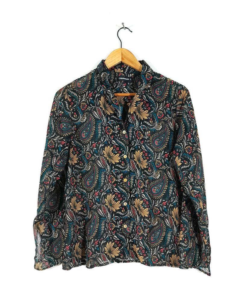 Black Printed Shirt Style Top (Women's)