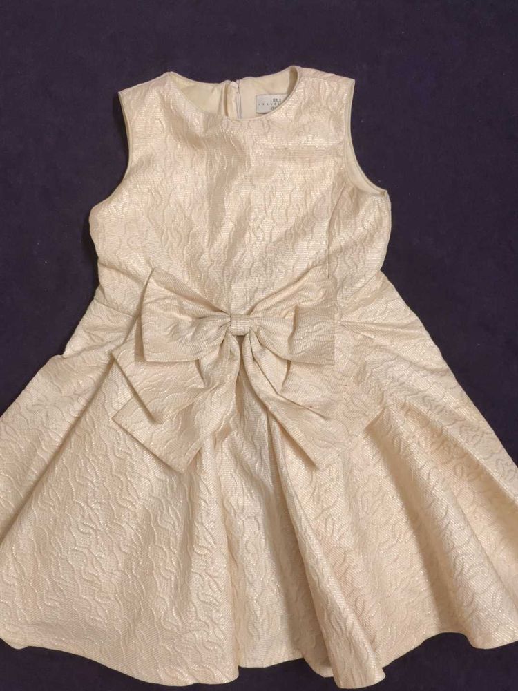Partywear Glitter  Cream Textured Bow Dres