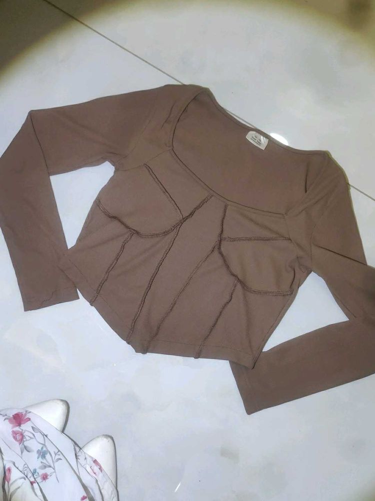 Brown Long Sleeve Corset Top