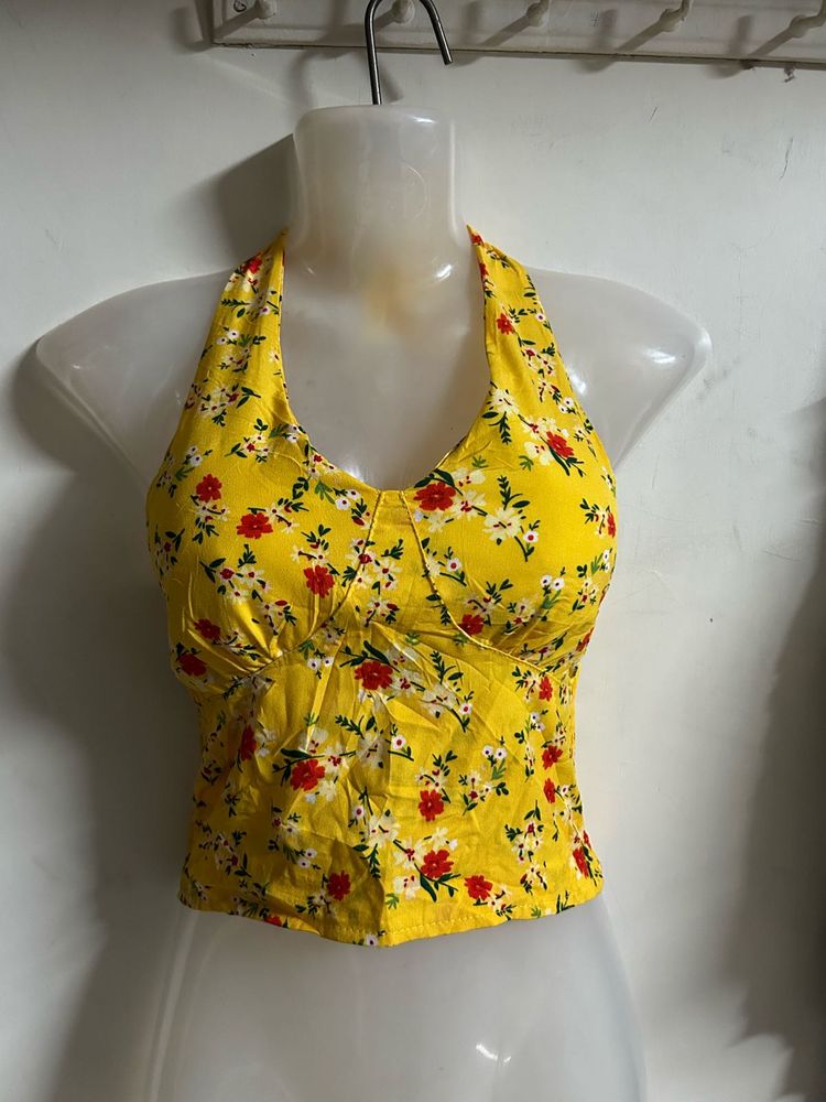 Yellow Floral Halter Neck Crop Top