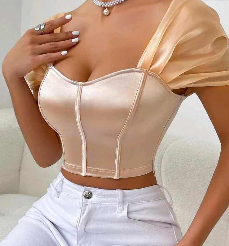 Sleek Satin Blouse with Sheer Sleeves