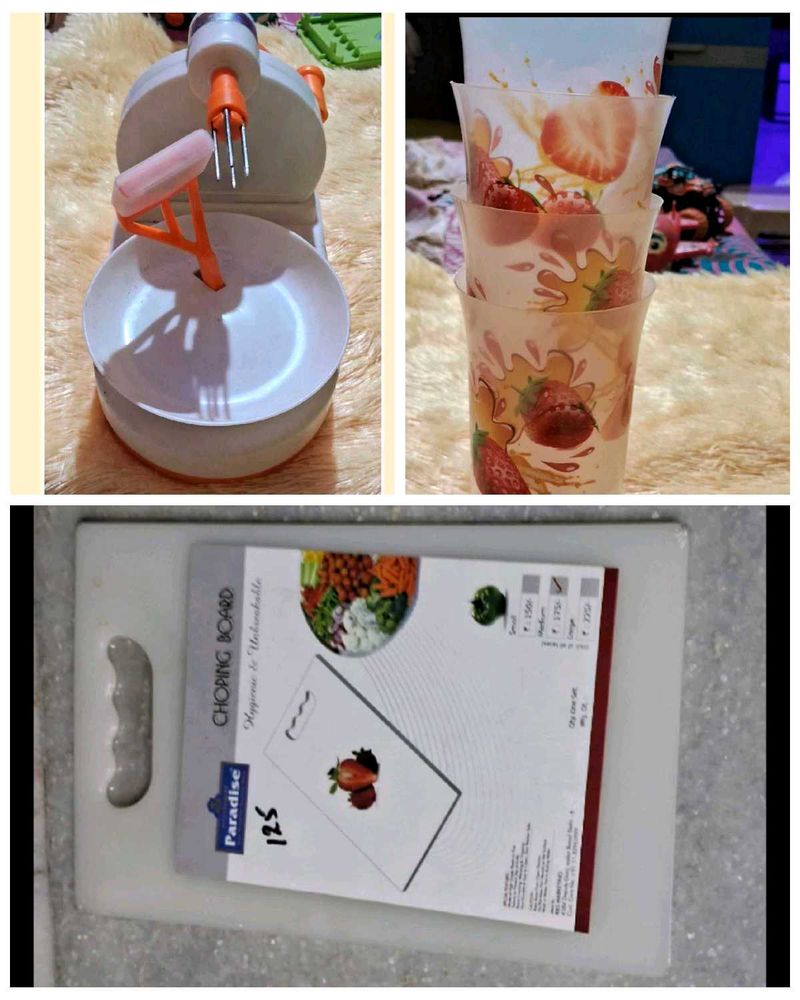 Combo Of 3,Fruit Peeler, Chopping Board N 4 Glass