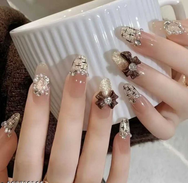 Designer Handmade Press-On Nails with Bows (15)