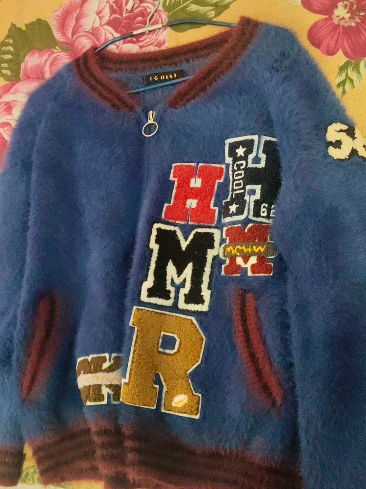 Blue Fuzzy Bomber Jacket