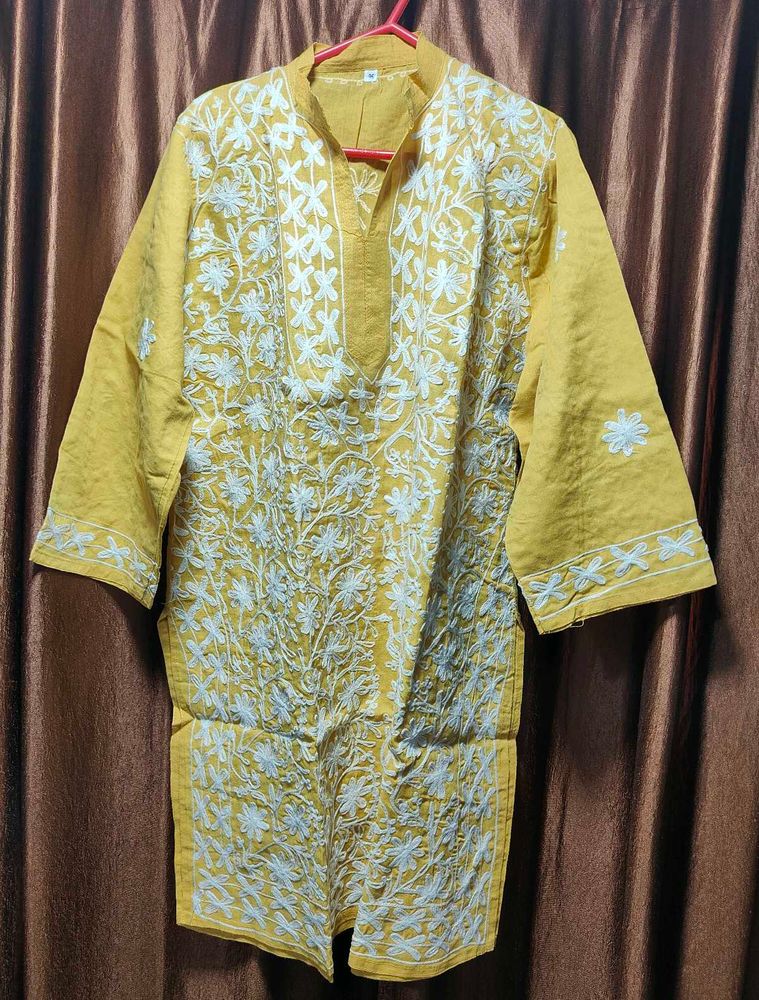 Pure Lucknowi Yellow Embroidered Kurti