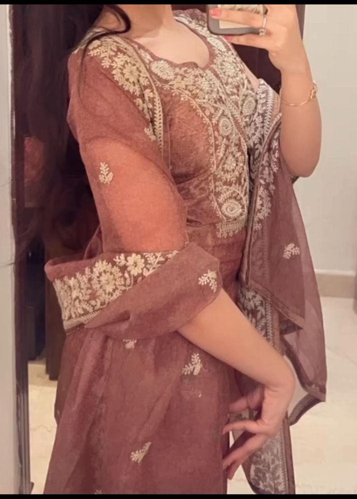 Embroidered Silk suit with plazzo and dupatta