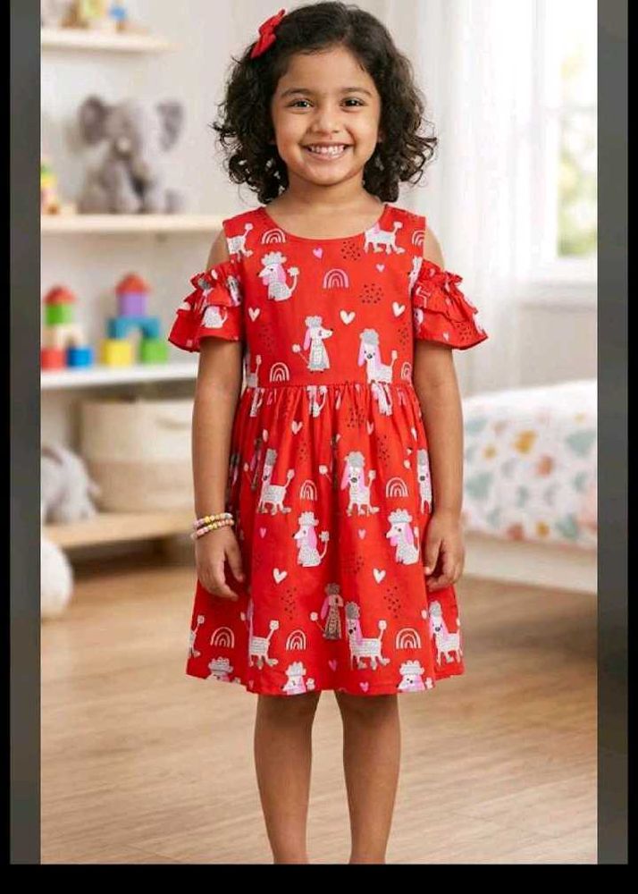 4-6 year Cute Red Dog Print Cold Shoulder Dress