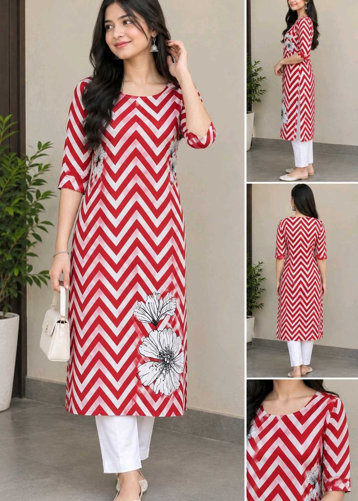 Stylish Red &amp; White Zigzag Kurta with Floral Print