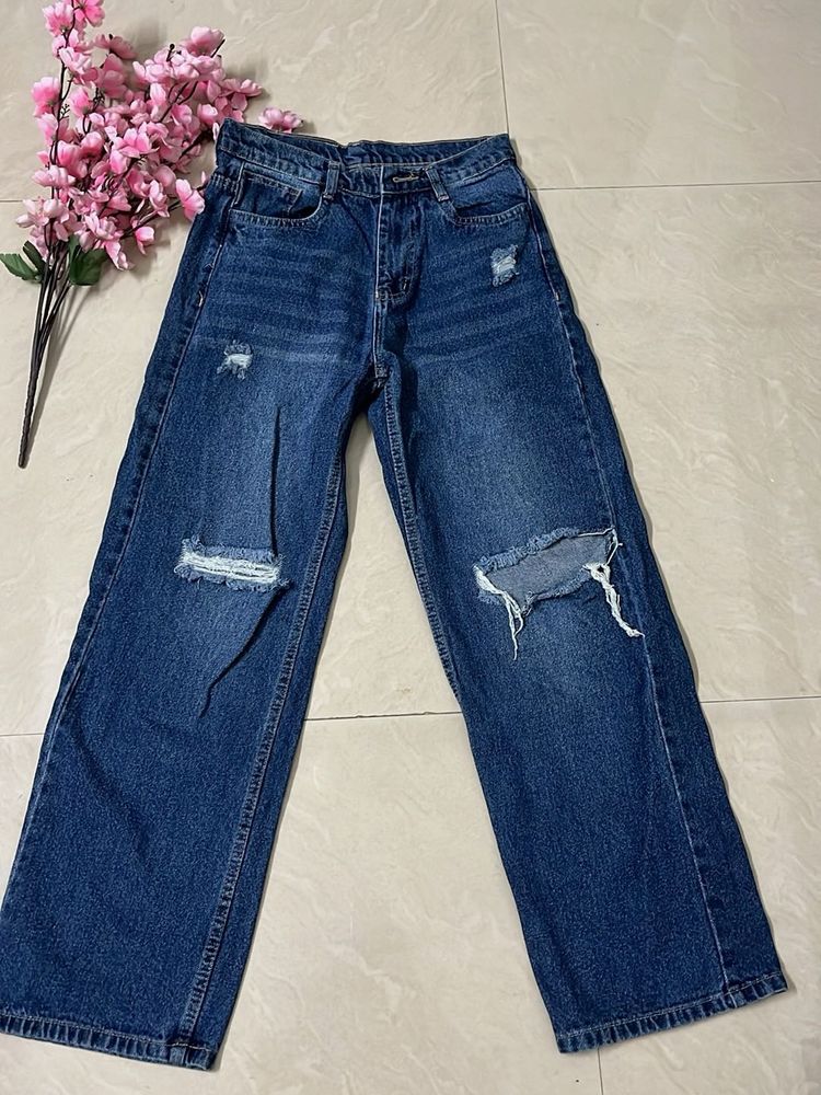 Blue Distressed Wide-Leg Jeans