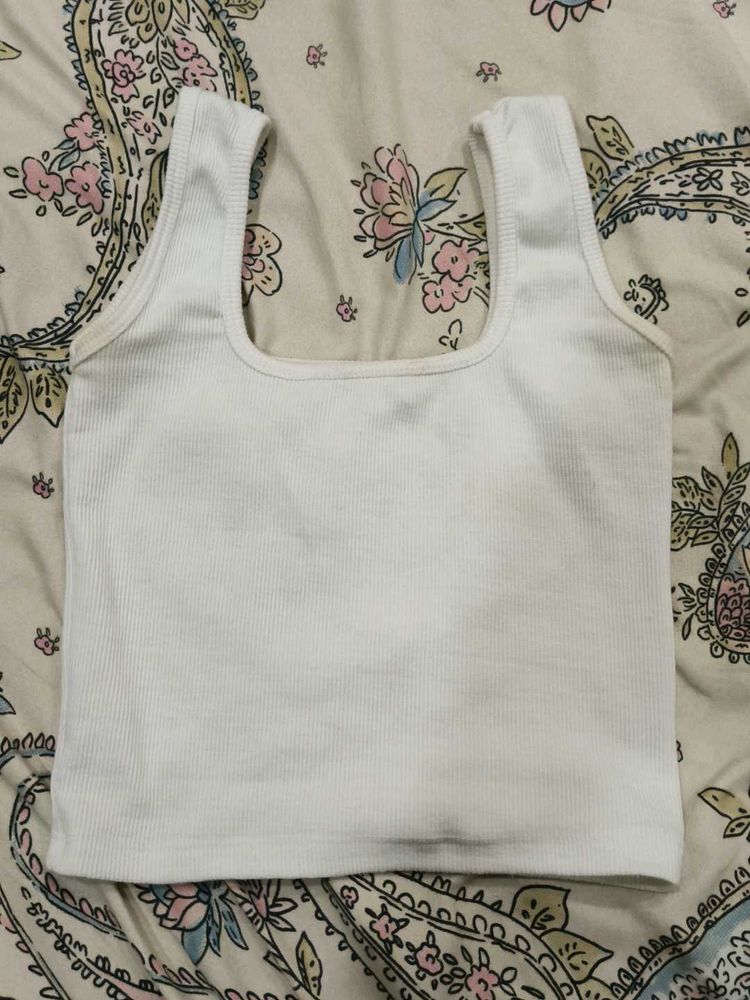 White Ribbed Square Neck Tank Top
