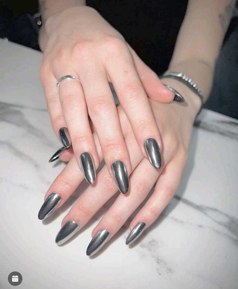 silver chrome almond nails