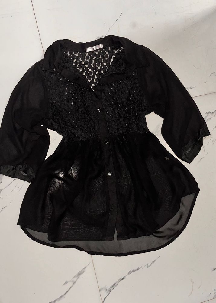 Chic Black Lace &amp; Sheer Blouse