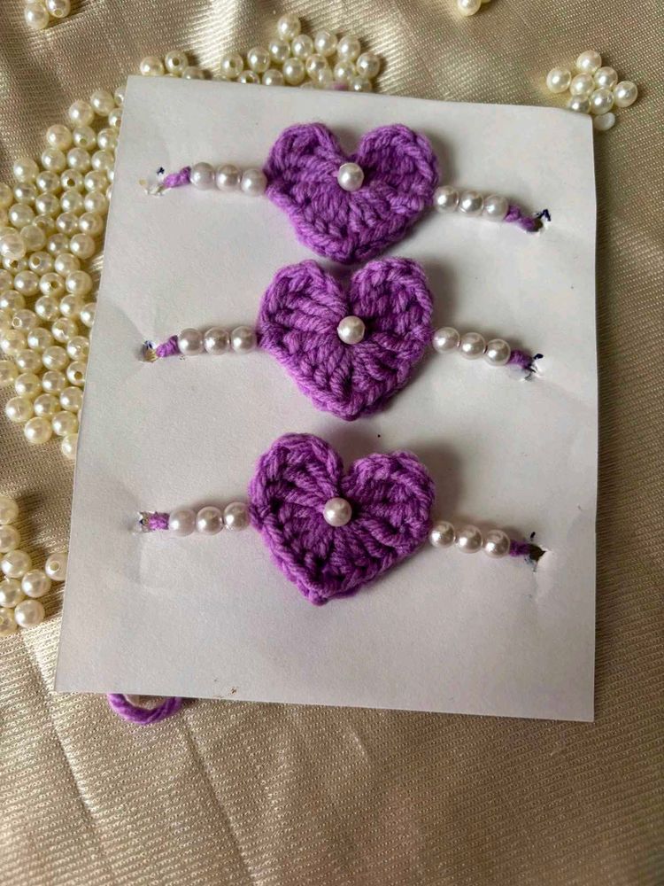 Crochet Heart Pearl Rakhi Set of 3