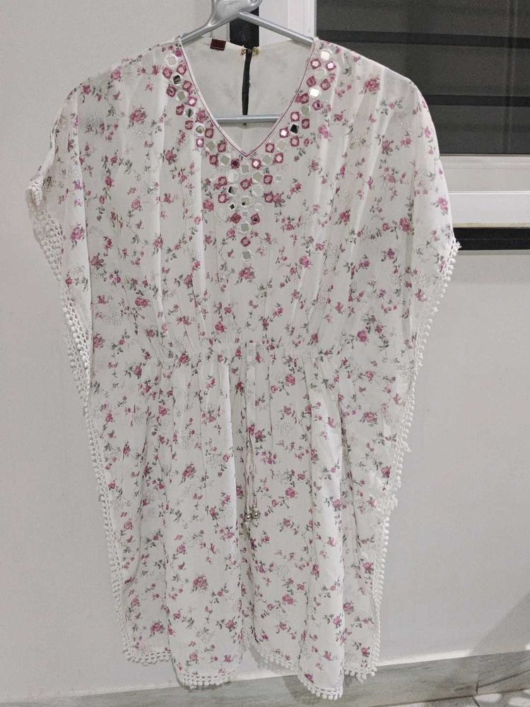 White Floral Kaftan Top with Mirror Work
