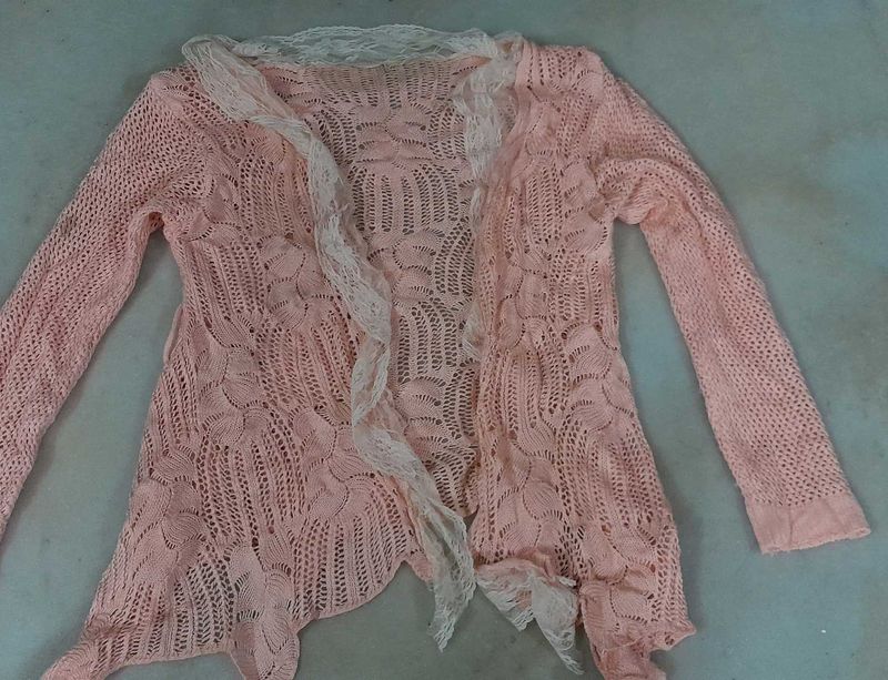 Pink Lace Trim Knit Cardigan
