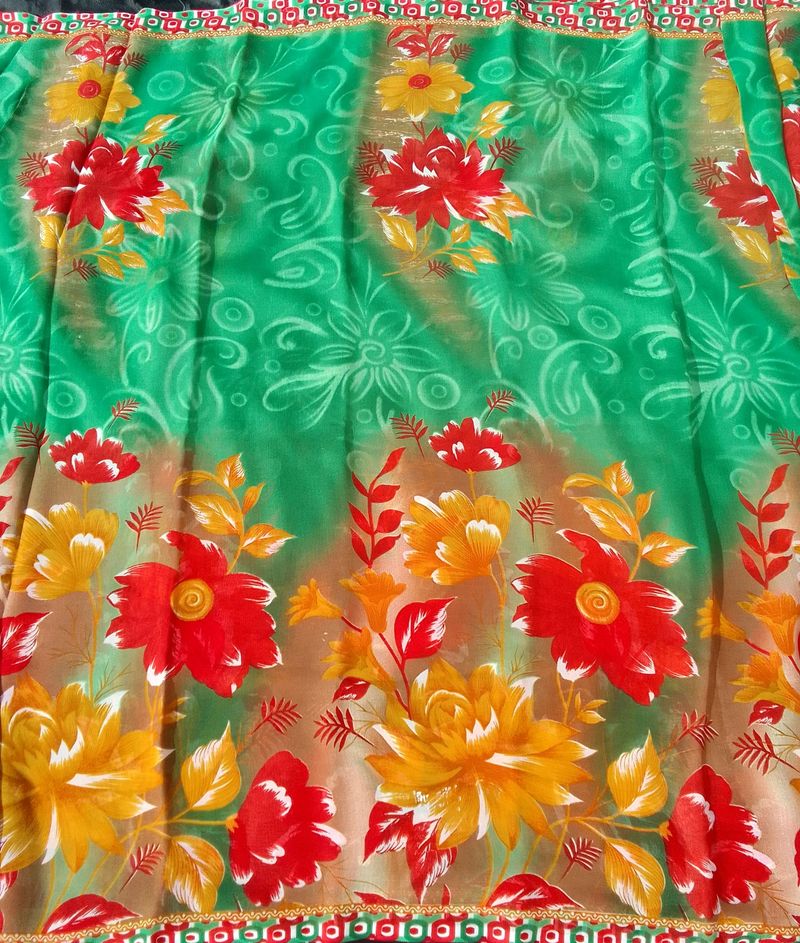Green Printed Saree With Blouse 🎀🎉