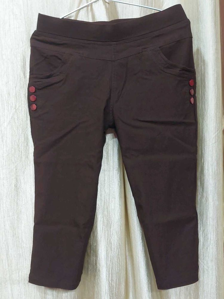 Brown Capris with Decorative Buttons
