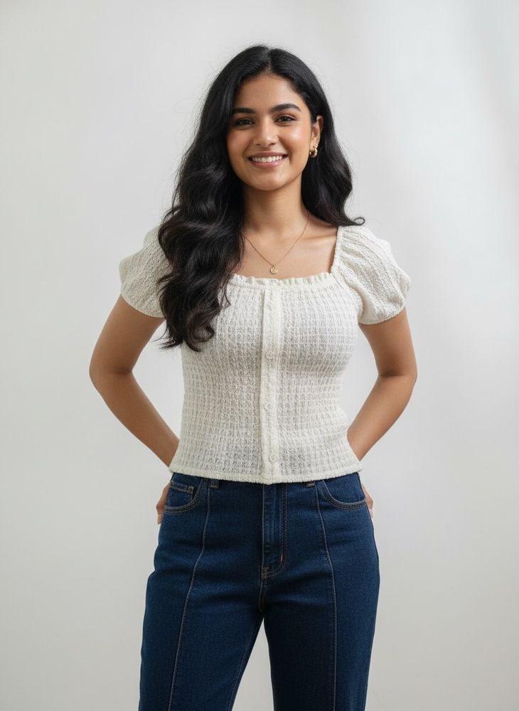 Chic White Smocked Puff Sleeve Top