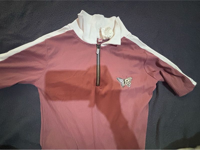 Ribbed Dusty Rose Colorblock Quarter-Zip Top with