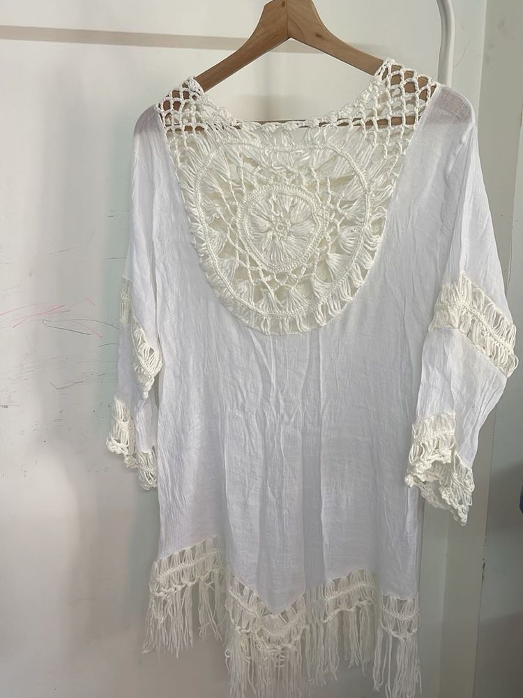 Boho White Crocheted Tunic Top