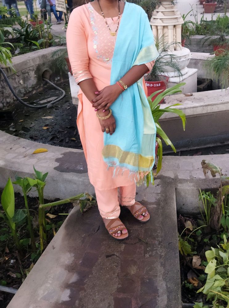 Peach Embroidered Kurta With Pant And Dupatta