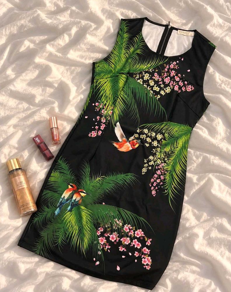Tropical Bird &amp; Palm Print Dress
