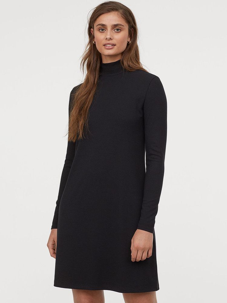 Black Ribbed Turtleneck Dress