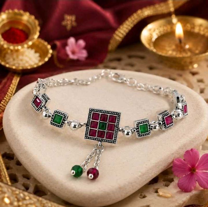 Silver Oxidized Bracelet with Red &amp; Green Stones