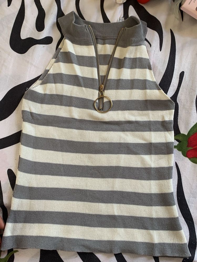 Striped Zipper Neck Tank Top